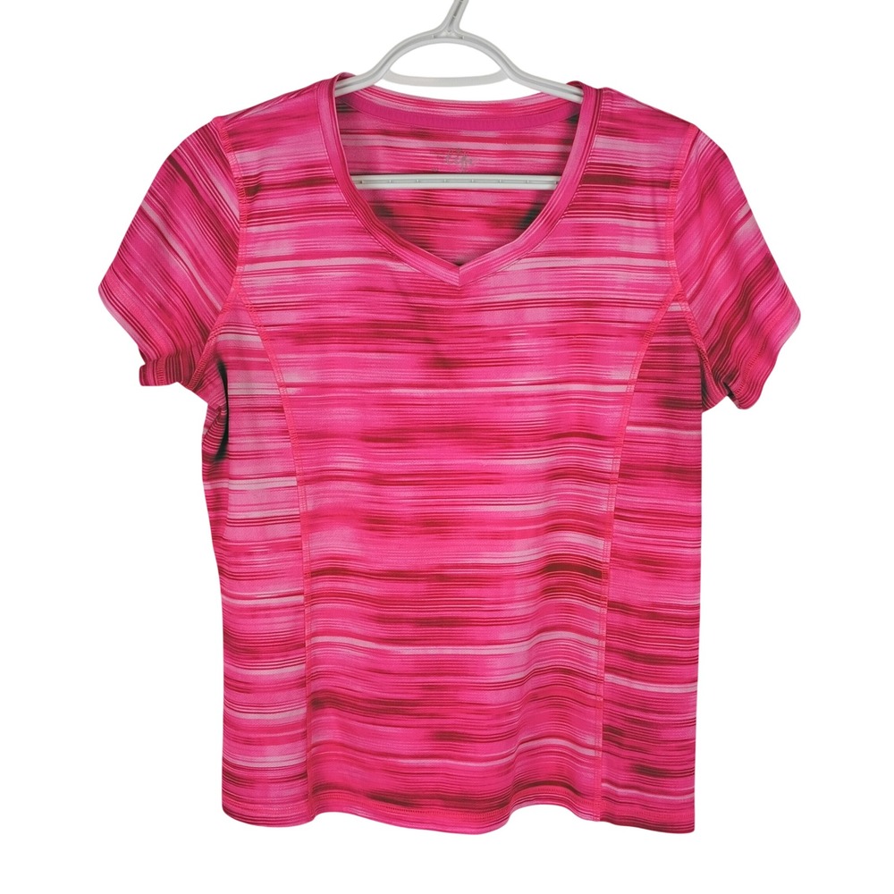Made for Life Womens Pink Space Dye V-Neck Activewear Top Short Sleeve Size PM